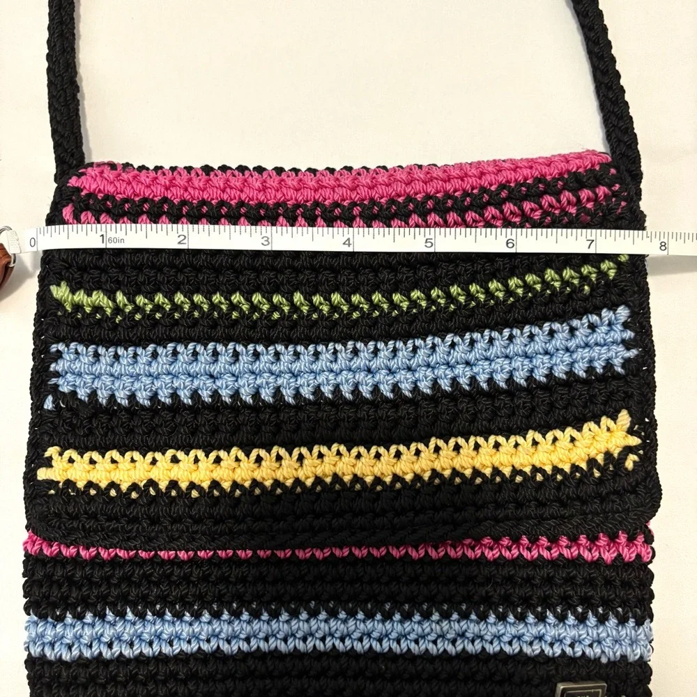The Sak Black Multicolor Rainbow Striped Crochet Crossbody Flap Bag Boho Hippie
